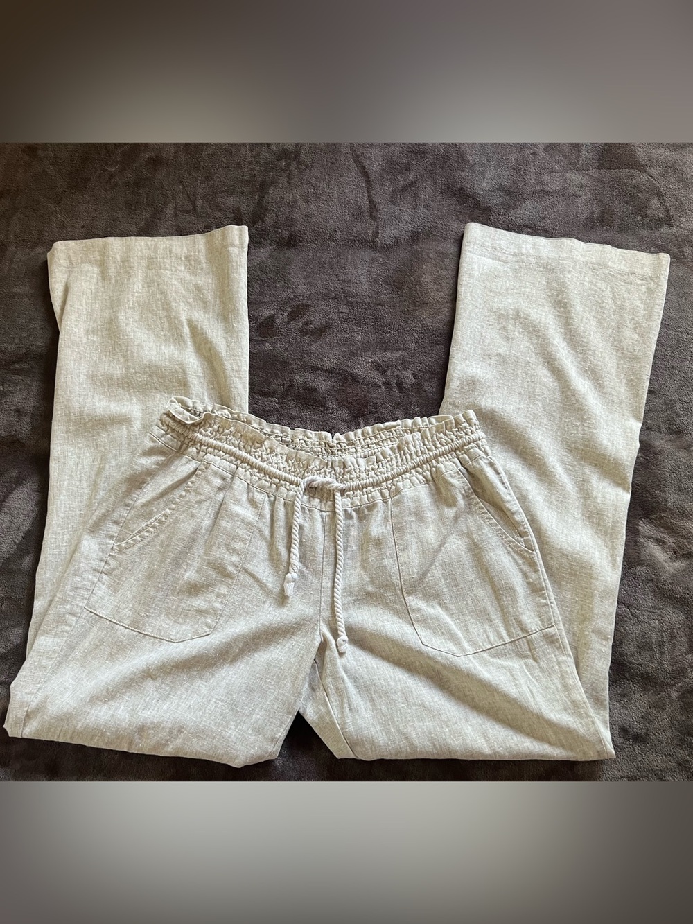 Roxy Beige Elastic Waist Linen-Blend Pants